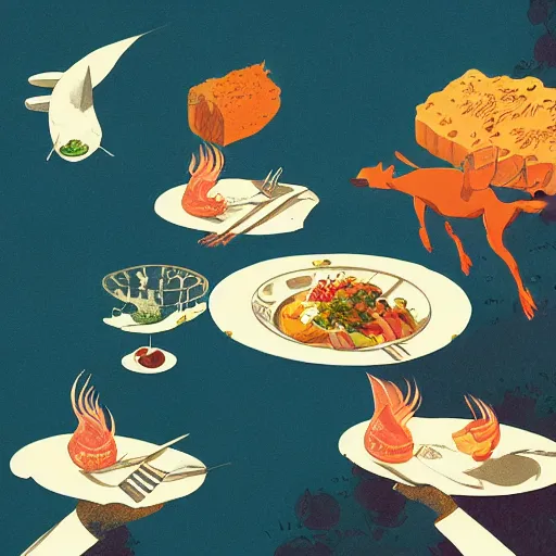 Image similar to illustration of the best meal, by Victo Ngai and James Gilleard and Bruce Pennington