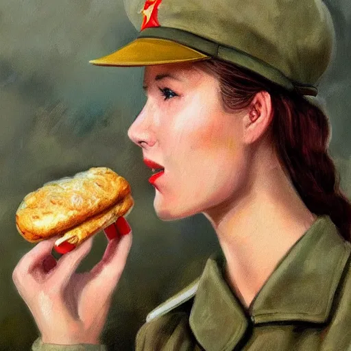 Prompt: high detail portrait oil painting illustration of beuatiful girl as soviet red army soldier eating hot baked bun, in khaki ww 2 tunic, no hat, by justin sweet with face and body clearly visible, in a scenic background, pupils visible, realistic proportions, artstation trending, high quality, sombre mood, artstation trending, muted colours, entire person visible!