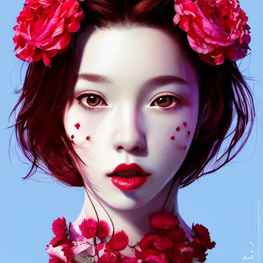 Prompt: the face of absurdly beautiful, graceful, elegant, sophisticated, sensual young gravure idol made of cherries raspberries strawberries and red pink petals, an ultrafine hyperrealistic illustration by kim jung gi, irakli nadar, intricate linework, bright colors, octopath traveler, final fantasy, unreal engine highly rendered, global illumination, radiant light, intricate environment