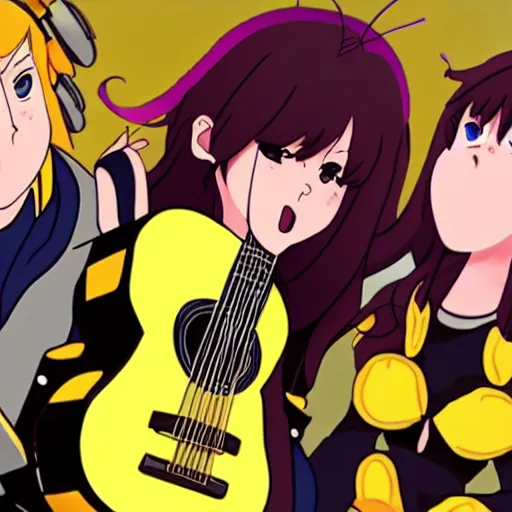 Image similar to bumblebee singing on stage with a microphone and acoustic guitar in an anime