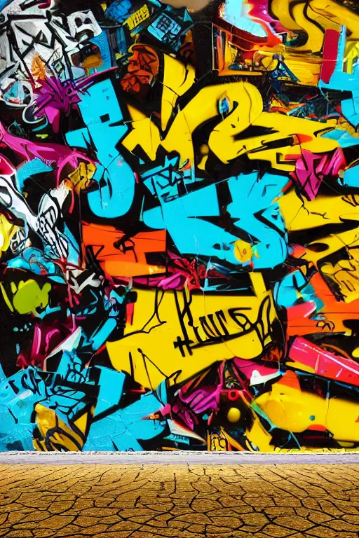 Image similar to extreme graffiti tag mural maximalism, yellow, brown, black and cyan color scheme, octane render