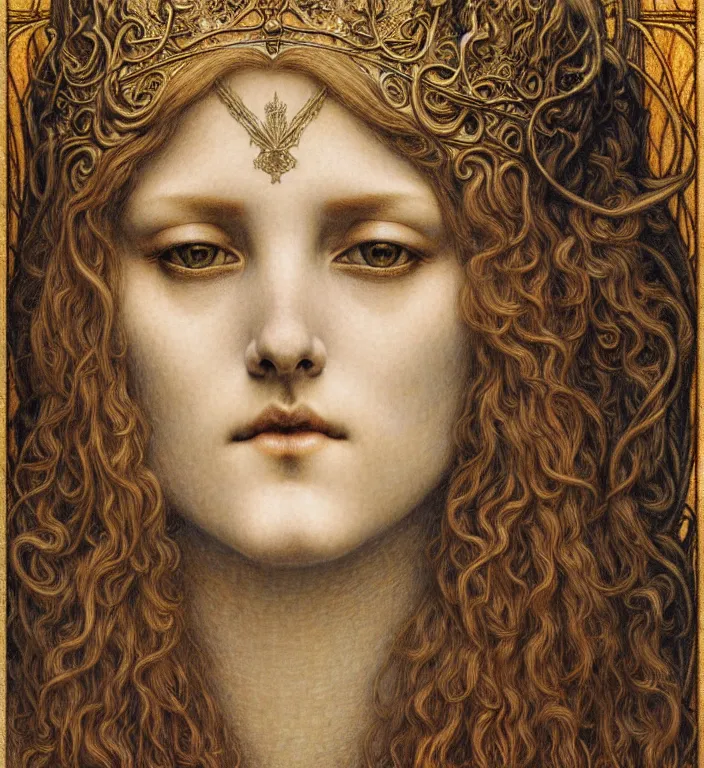 Image similar to detailed realistic beautiful young medieval queen face portrait by jean delville, gustave dore and marco mazzoni, art nouveau, symbolist, visionary, gothic, pre - raphaelite. horizontal symmetry