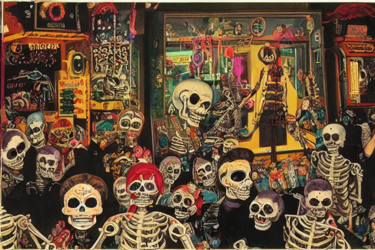 Image similar to scene from amusement arcade, day of the dead, cyber skeletons, queen in black silk in the center, neon painting by otto dix