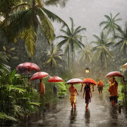 Prompt: monsoon on tropical island, ornate, beautiful, atmosphere, vibe, mist, coconuts, rain, wet, pristine, puddles, melting, dripping, snow, creek, lush, ice, bridge, forest, roses, flowers, by stanley artgerm lau, greg rutkowski, contest winner, trending on artstation