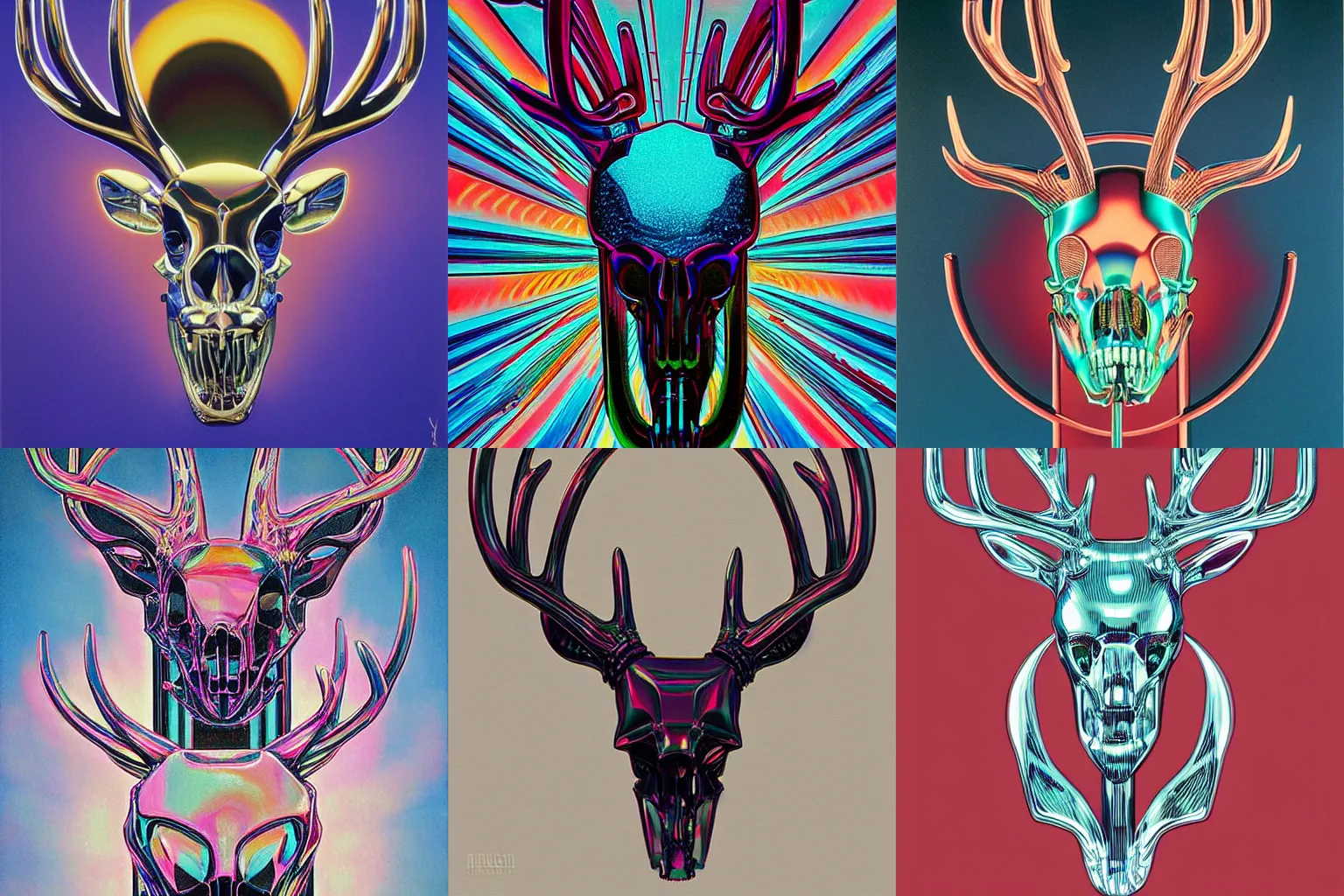 Prompt: A symmetry vaporwave, chrome mechanical Deer skull head by moebius, by angus mckie, by rhads