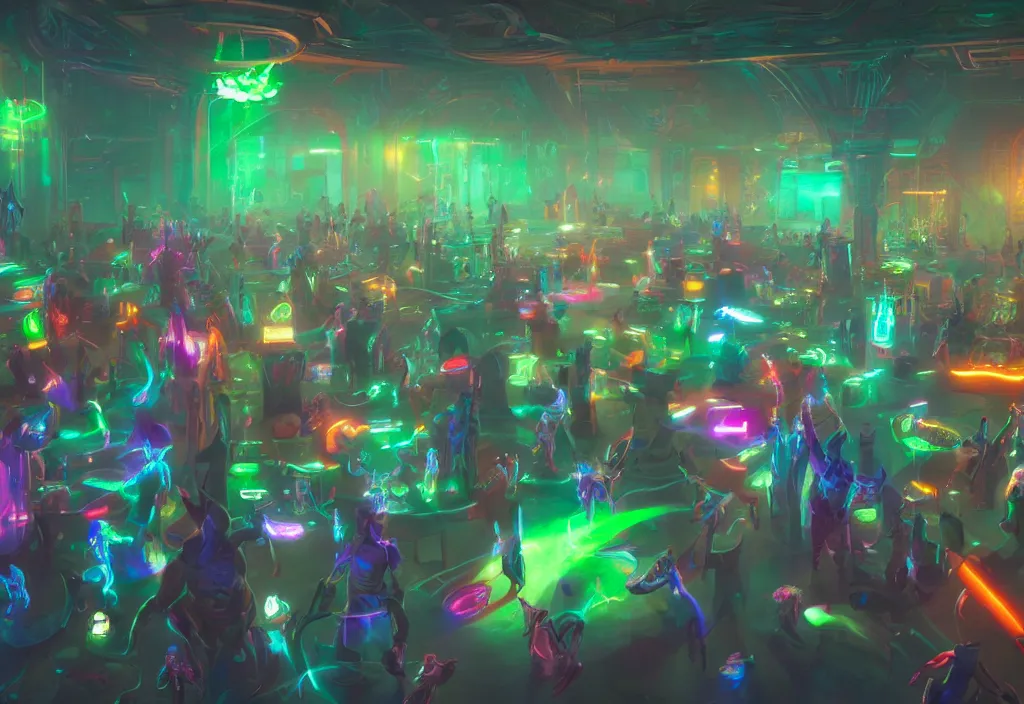 Prompt: a room full of confused wizards in their library playing with their new room sized magical glowing computers of magical energy, infinite hallways, bright neon rainbow light from magic entities, artstation, concept art, 8k octane