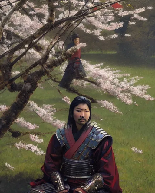 Prompt: an oil painting of a male samurai warrior wearing armor while sitting under a cherry tree with white blossoms, nearby a katana lies on the grass. detailed face, ground, greg rutkowski, edward robert hughes, tony sart