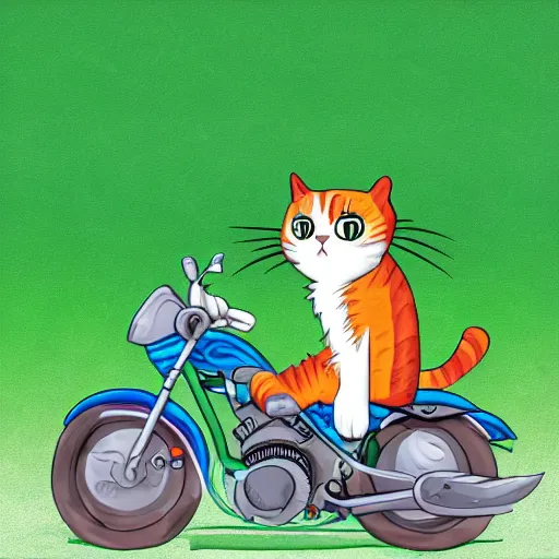 Prompt: A cat on a motorcycle with wind flowing through his jacket, driving through rainbow road, digital art