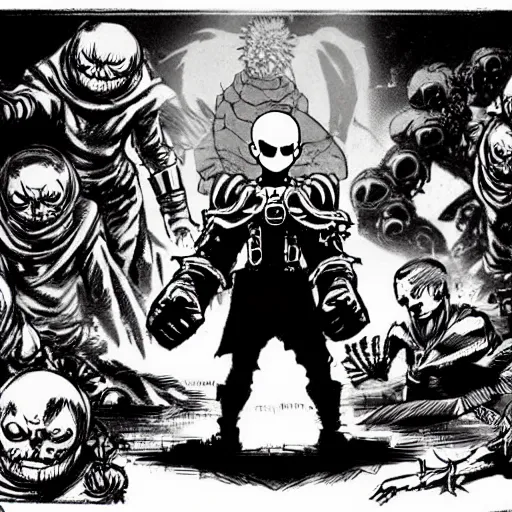 Prompt: concept art of one punch man as a boss in darkest dungeon, highly detailed, dark atmosphere, 2 d, cosmic horror, body horror, lovecraft mythos