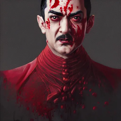 Image similar to portrait of aamir khan upper body in bloody business suit, blood red eyes, vampire fangs, fantasy, intricate, elegant, highly detailed, digital painting, artstation, concept art, matte, sharp focus, illustration, art by aenaluck and roberto ferri and greg rutkowski, epic fantasy, digital painting