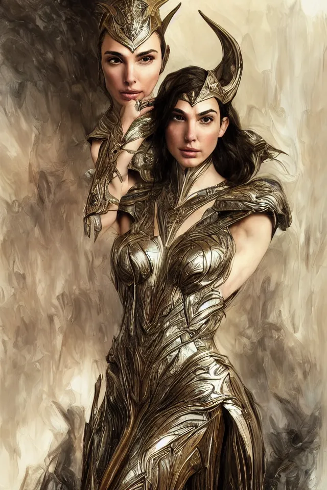 Prompt: Frightening and beautiful Gal Gadot as High elf queen wearing high fashion from Alexander McQueen and Iris Van Herpen, hyperrealistic masterpiece painted by Jaime Jones, Craig Mullins, Artgerm and Alphonse Mucha