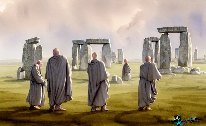 Prompt: a hyperrealist watercolour character concept art portrait of small grey medieval monks with floating stones in the air in front of massive stonehenge monument complex on a misty morning. a large stonehenge stone is in the air. by rebecca guay, michael kaluta, charles vess and jean moebius giraud