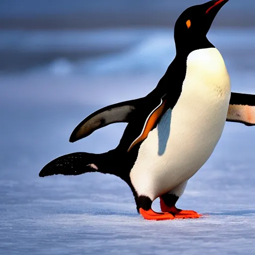 Image similar to penguins being chased by lightening while running on ice, wildlife photography, highly detailed, high quality, 8 k, soft lighting,