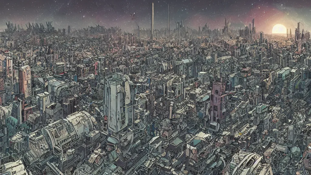 Prompt: very detailed, prophet graphic novel, ilya kuvshinov, mcbess, rutkowski, simon roy, illustration of decrepit arcologies skyline dystopian megacity with space junk floating in the sky on a dead planet earth, nature taking city back, flourishing jungle covering ruins, wide shot, colorful, deep shadows, astrophotography