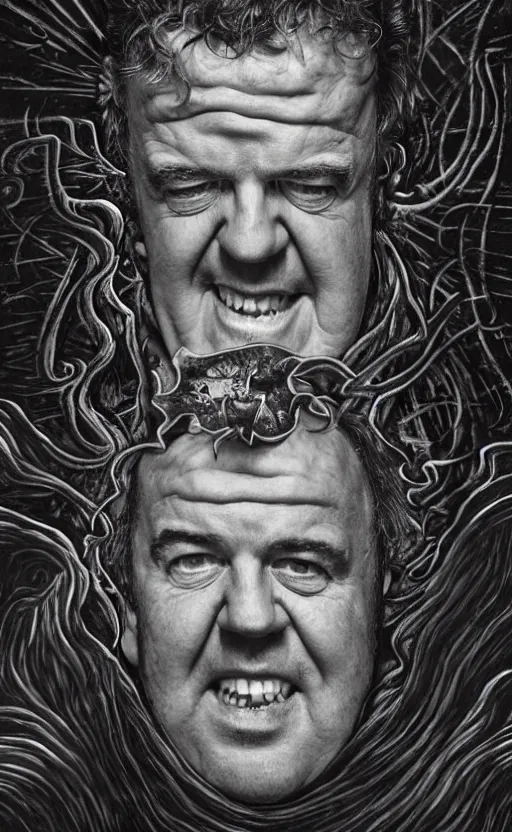 Prompt: lovecraftian portrait of jeremy clarkson, surrounded by beams of light dark background by wayne barlow, stanley donwood, anton semenov, zdzislaw bekinski, hr giger, 8 k, fantasy, dark, highly detailed