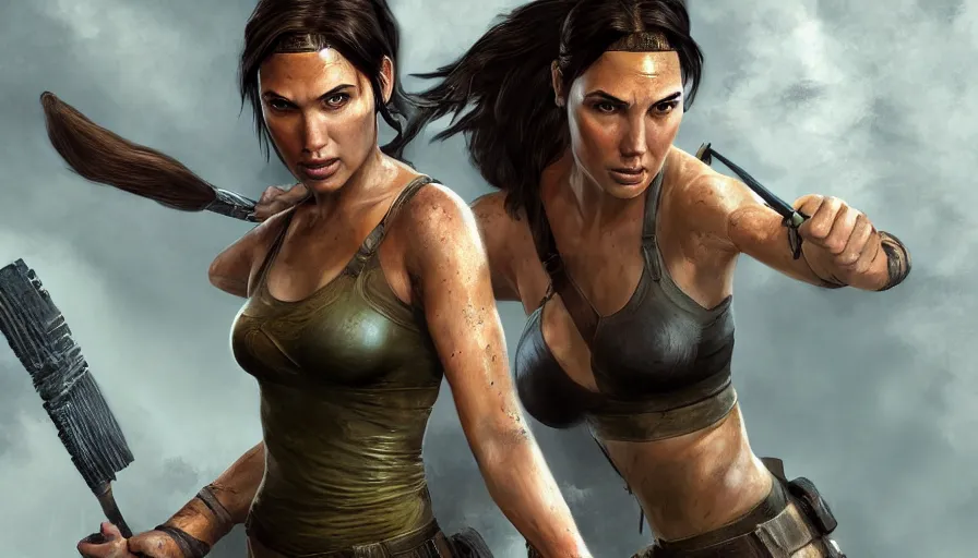 Image similar to Digital painting of Gal Gadot as Lara Croft in Tomb Raider, hyperdetailed, artstation, cgsociety, 8k