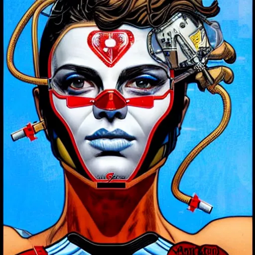 Image similar to a profile photo of an saint with a diving oxygen mask with side profile blood in ocean intricate details by MARVEL comics and Sandra Chevrier-C