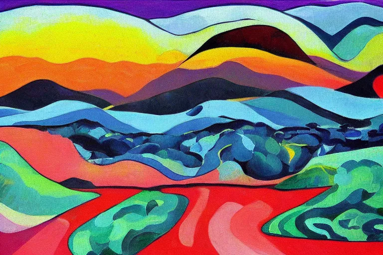 Image similar to Landscape painting. Wild energy patterns rippling in all directions. Curves, zig-zags. Organic. Mountains. Clouds. Vegetation. Rushing water. Waves. LSD. Fauvism.