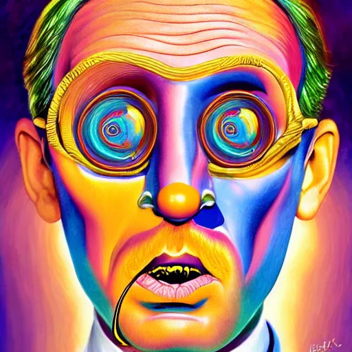 Image similar to an extremely psychedelic portrait of willy wonka as salvador dali, surreal, lsd, face, detailed, intricate, elegant, lithe, highly detailed, digital painting, artstation, concept art, smooth, sharp focus, illustration,