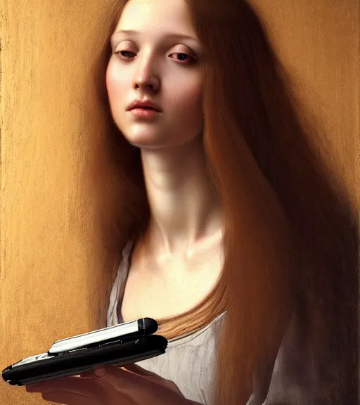 Prompt: portrait of a long - haired woman with a cellphone sitting upon a table with heightened detail, poised, intense emotion, detailed facial expression, detailed surroundings, intricate, elegant, highly detailed, centered, digital painting, artstation, concept art, smooth, sharp focus, illustration, by ( leonardo da vinci ), wlop