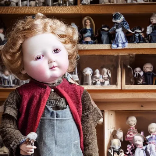 Prompt: victorian child standing in a doll maker's shop looking at all of the dolls, 8 k, soft lighting, highly detailed realistic, face in focus