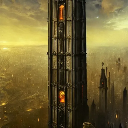 Image similar to an ultra detailed tarot card of a lonely and impossibly tall ominous gothic dark tower elevated high above the city, in a river elevated high above the city, fantasy capital city, ultrawide lense, aerial photography, volumetric lighting, exquisite detail, 8 k, art by greg rutkowski and alphonse mucha