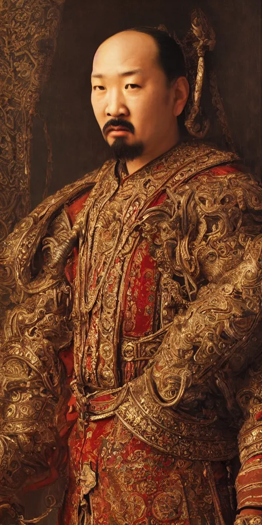 Image similar to Highly detailed and cinematic Renaissance period portrait oil painting Kublai Khan, an oil painting ((masterpiece)) by ((Josep Tapiró Baró)), dynamic lighting, 8K