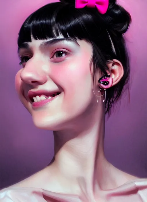 Image similar to portrait of teenage girl, realistic, black hair, bangs, half updo hairstyle, pointy nose, skinny, smile, ugly, defined jawline, big chin, pink hair bow, earrings, intricate, elegant, glowing lights, highly detailed, digital painting, artstation, sharp focus, illustration, art by wlop, mars ravelo and greg rutkowski