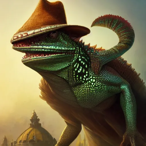 Image similar to an anthropomorphic chameleon wearing a 10-gallon hat, full body portrait, wide angle, D&D, fantasy, intricate, elegant, highly detailed, digital painting, artstation, concept art, matte, sharp focus, illustration, hearthstone, art by Artgerm and Greg Rutkowski and Alphonse Mucha