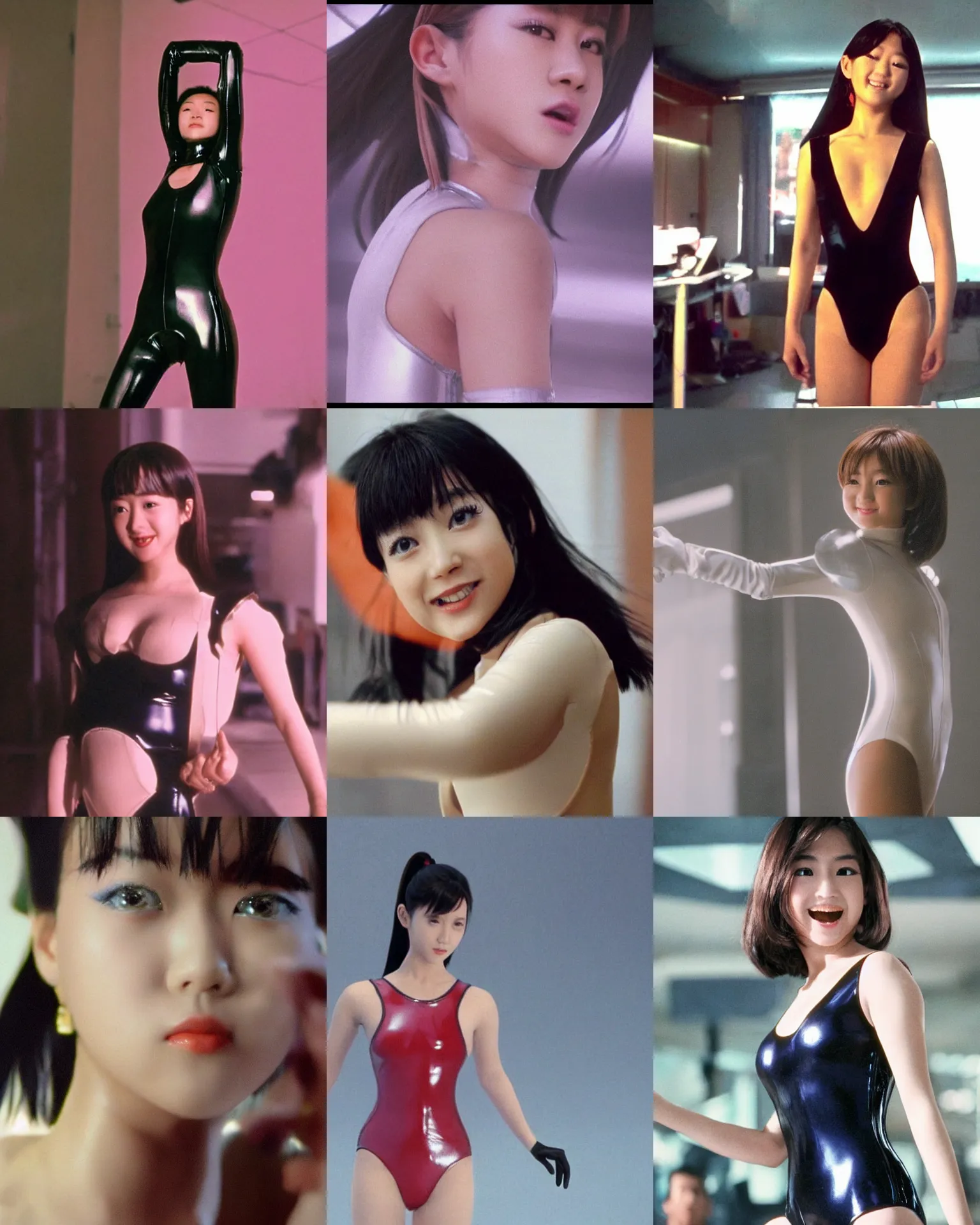 Image similar to Worksafe,clothed.1990s,unbelievably beautiful,perfect,dynamic,epic,cinematic movie shot of a close-up beautiful cute young J-Pop idol actress girl in latex leotard,expressing joy.By a Iranian movie director.Motion,VFX,Inspirational arthouse,high budget,hollywood style,at Behance,at Netflix,Instagram filters,Photoshop,Adobe Lightroom,Adobe After Effects,taken with polaroid kodak portra