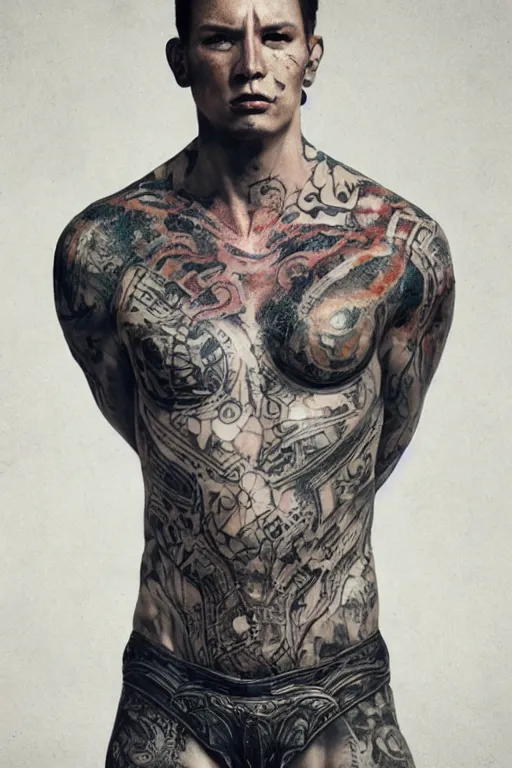 Image similar to centred completely front portrait of a muscular torso covered in runic tattoos front view, art by Ruan Jia , Moebious, Craig Mullin, and Nick Knight