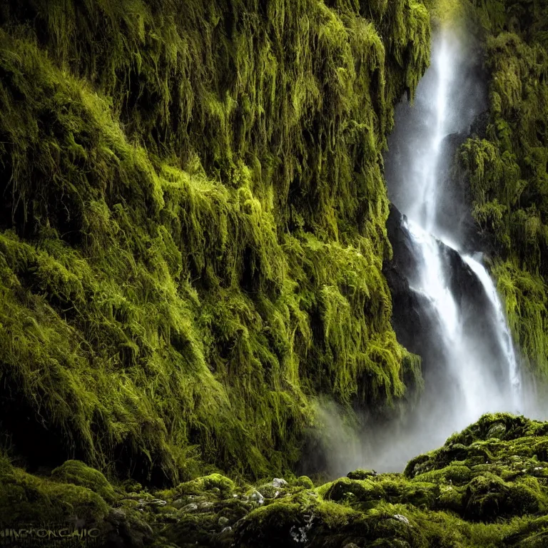 Image similar to dark and moody 1 9 8 0's artistic color spaghetti western film, a giant tall huge woman in an extremely long dress made out of waterfalls, standing inside a green mossy irish rocky scenic landscape, huge waterfall, volumetric lighting, backlit, atmospheric, fog, extremely windy, soft focus