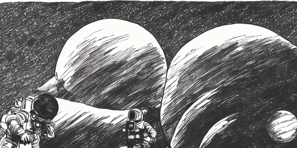 Image similar to ink lineart drawing of a planet, looming over an astronaut's shoulder, wide angle, space background, artstation, etchings by goya, chinese brush pen, illustration, high contrast, deep black tones contour