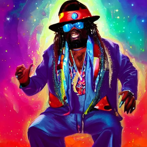 Image similar to a messy painting. George Clinton in space. Sci Fi colours. Trending on Artstation.