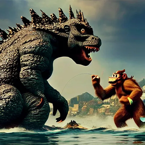 Image similar to Godzilla and Donkey Kong on a fishing trip, hyper realistic, HD, HQ, photo realistic