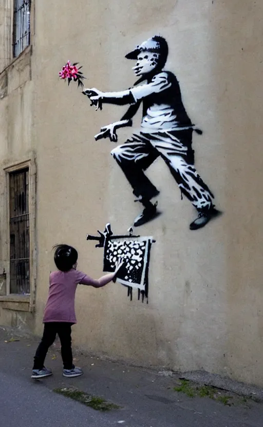 Prompt: wall with famous banksy graffiti