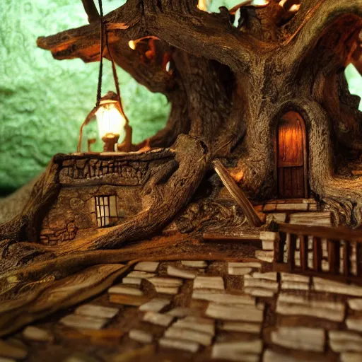 Prompt: miniature Renaissance village inside of a carved out giant oak tree, ultrarealistic, cinematic, highly detailed, dramatic lighting, award winning photography, 8k