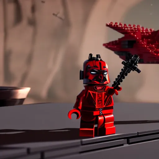 Prompt: darth maul building a lego naboo starfighter on tattoine, ultra realistic, uhd, 8 k, cinematic, golden hour, beautiful