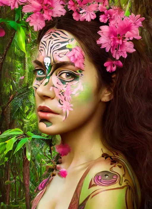 Prompt: a beautiful portrait of a beautiful woman in the jungle surrounded by pink flowers, tribal face paintings, matte painting, fantasy art