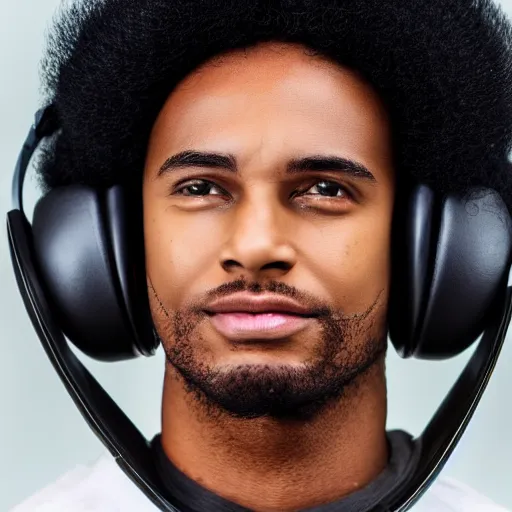 Image similar to portrait of black man with afro wearing headphones, looking cool, hd