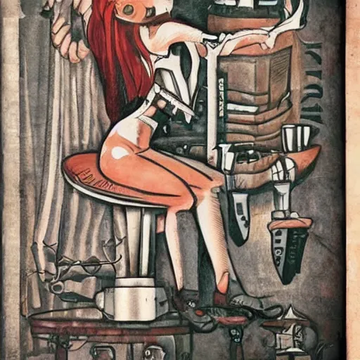 Image similar to photorealistic old school, traditional style tattoo sketch of most beautiful redhead pinup girl, full body portrait in space holding a lazer pistol and sitting on a rocket drawn by sailor jerry, vic james, electric martina, heath clifford, kimi vera