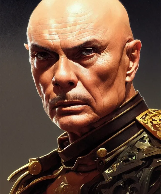 Image similar to Yul Brynner as a very angry bald general, portrait, intricate, elegant, highly detailed, digital painting, artstation, concept art, smooth, sharp focus, illustration, art by artgerm and greg rutkowski and alphonse mucha