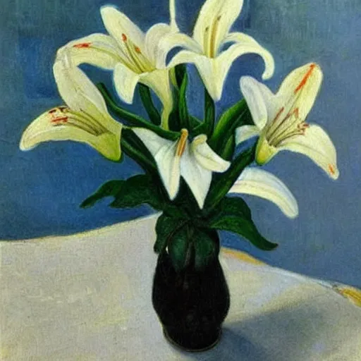 Image similar to white lilies in vase on table, natural lighting, painting by vincent van gough