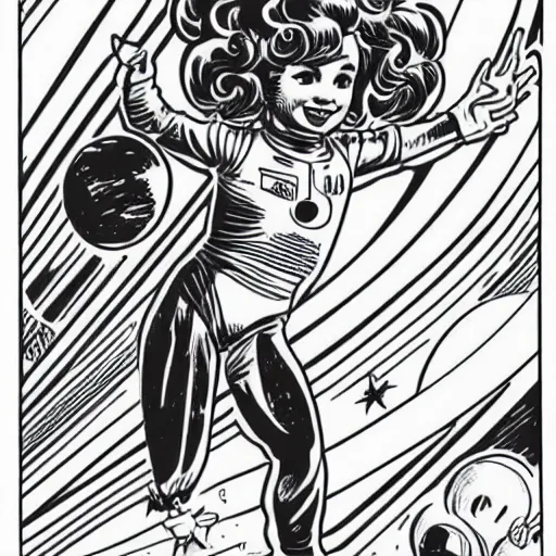 Image similar to clean simple line art of a little girl with wavy curly hair floating in space. she is an astronaut, wearing a space suit. white background. well composed, clean black and white line drawing, beautiful detailed face. illustration by steve ditko and jack kirby and alphonse mucha