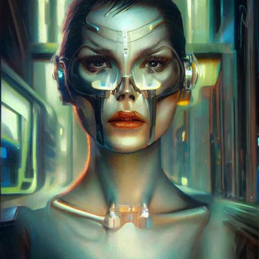 Prompt: detailed face of a biomechanical woman, moment, cyberpunk cloisters, electronic billboards, tech noir, wet reflections, prism, atmospheric, ambient, pj crook, syd mead, livia prima, greg rutkowski, edward hopper