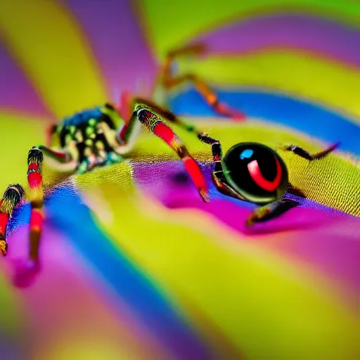 Image similar to a macroshot of a rainbow coloured spider with hundreds of legs and one large eye.