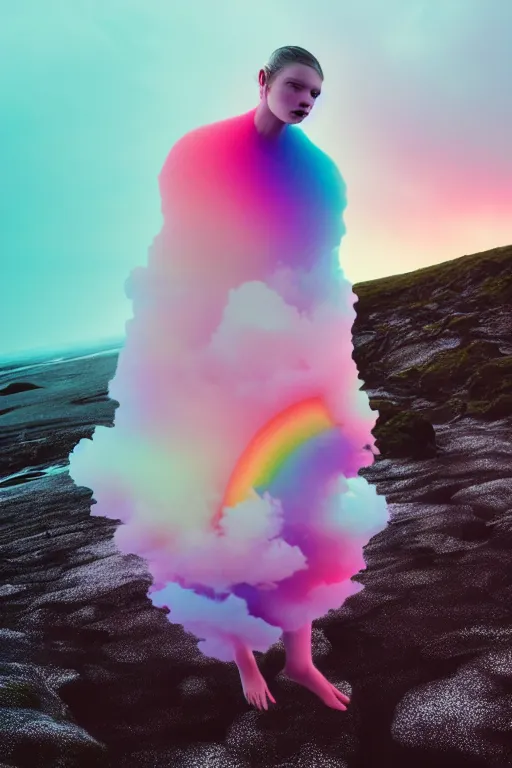 Image similar to high quality pastel coloured film close up wide angle photograph of a model wearing clothing swimming on cloud furniture in a icelandic black rock!! environment in a partially haze filled dreamstate world. three point light, rainbow. photographic production. art directed. pastel colours. volumetric clouds. pastel gradient overlay. waves glitch artefacts. extreme facial clarity. 8 k. filmic.