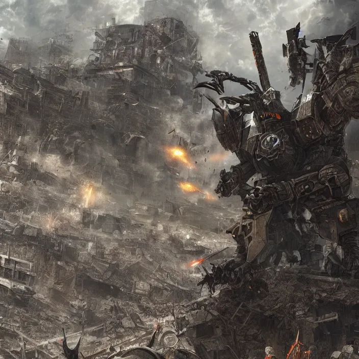 Image similar to mech - warrior firing rockets, background crumbling buildings, hyper - detailed, octane render, sharp focus, 4 k ultra hd, fantasy dark art, apocalyptic art