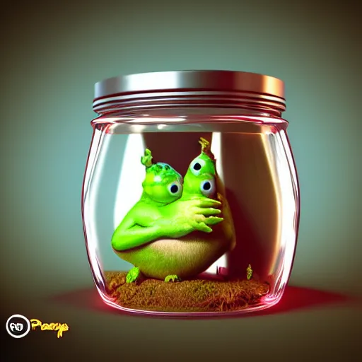 Image similar to cutie creature in a jar, digital art, 3 d, maya render, masterpiece, mega detailed, pixar, disney, vivid illustration, fantasy