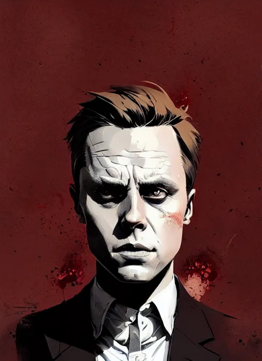 Prompt: highly detailed closeup portrait of angry handsome martin wallstrom, tyrell wellick, wearing suit by atey ghailan, by greg rutkowski, by greg tocchini, by james gilleard, by joe fenton, by kaethe butcher, gradient red, brown black and white only color scheme, grunge aesthetic!!! ( ( graffiti tag wall background ) )